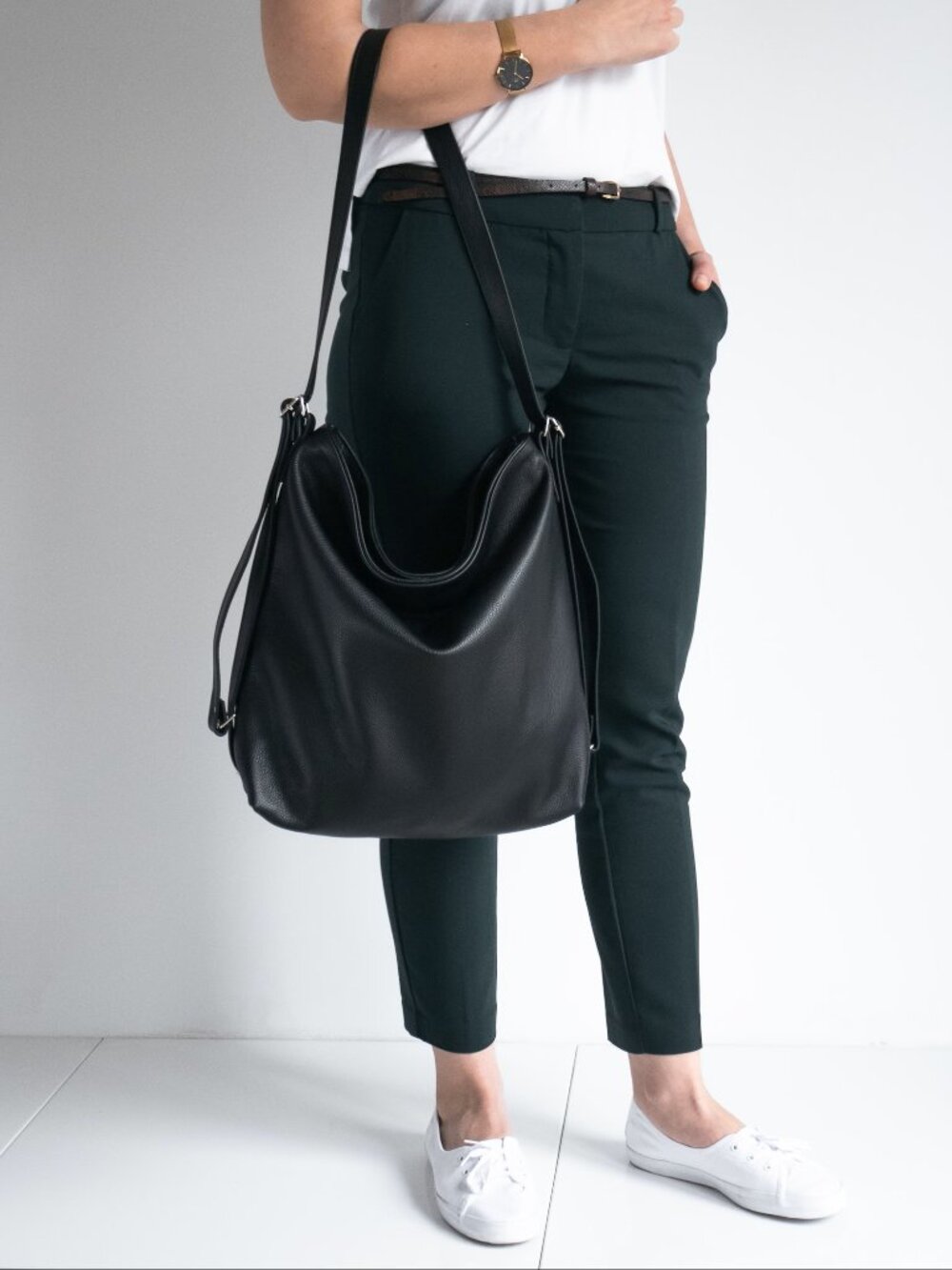 Minimalist Black Leather Convertible Purse/Backpack - Picture 2 of 8
